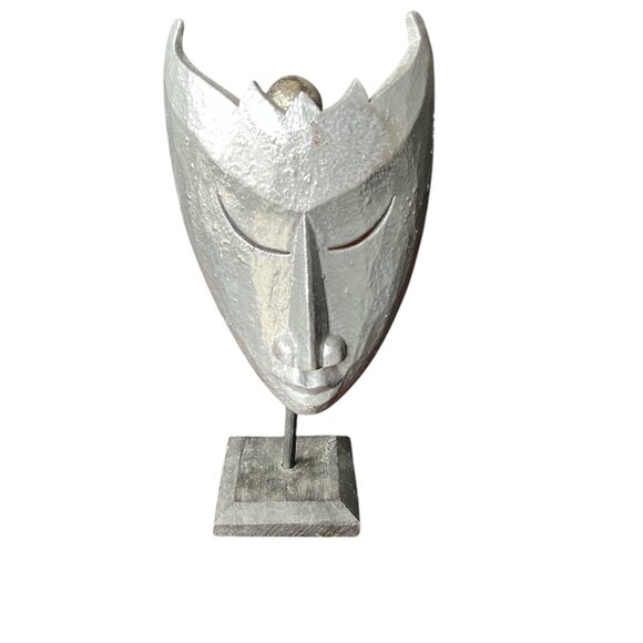 WOODEN MASK Decor Theatre Silver on Wooden Base 12 1/2" High - Picture 2 of 7